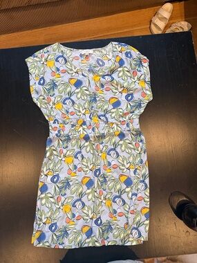 LOFT Pastel Blue Floral & Fruit Print Tie-Waist Mini Dress